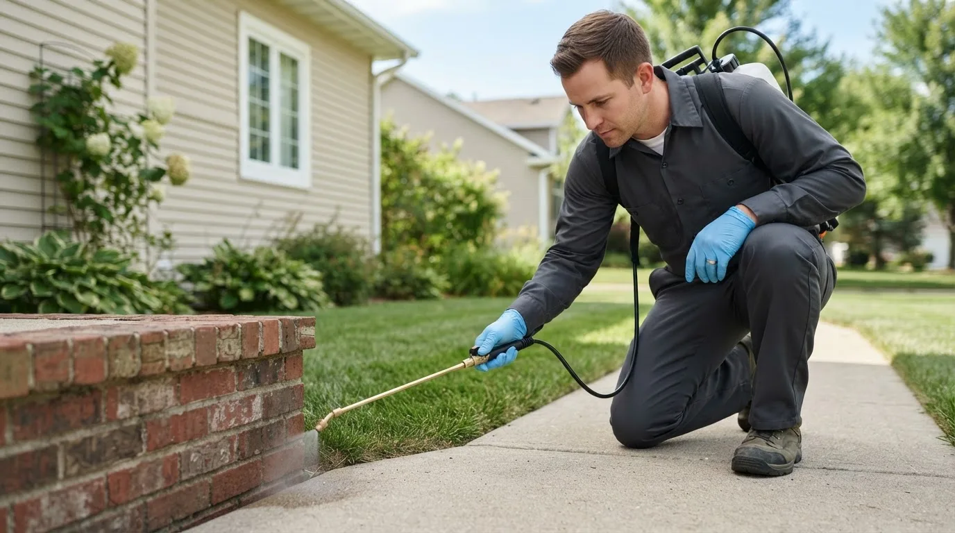 Pest control technician treating a home near Parker City, IN