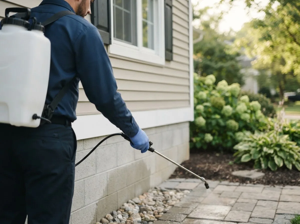 Pest control technician inspecting a home in Parker City, IN